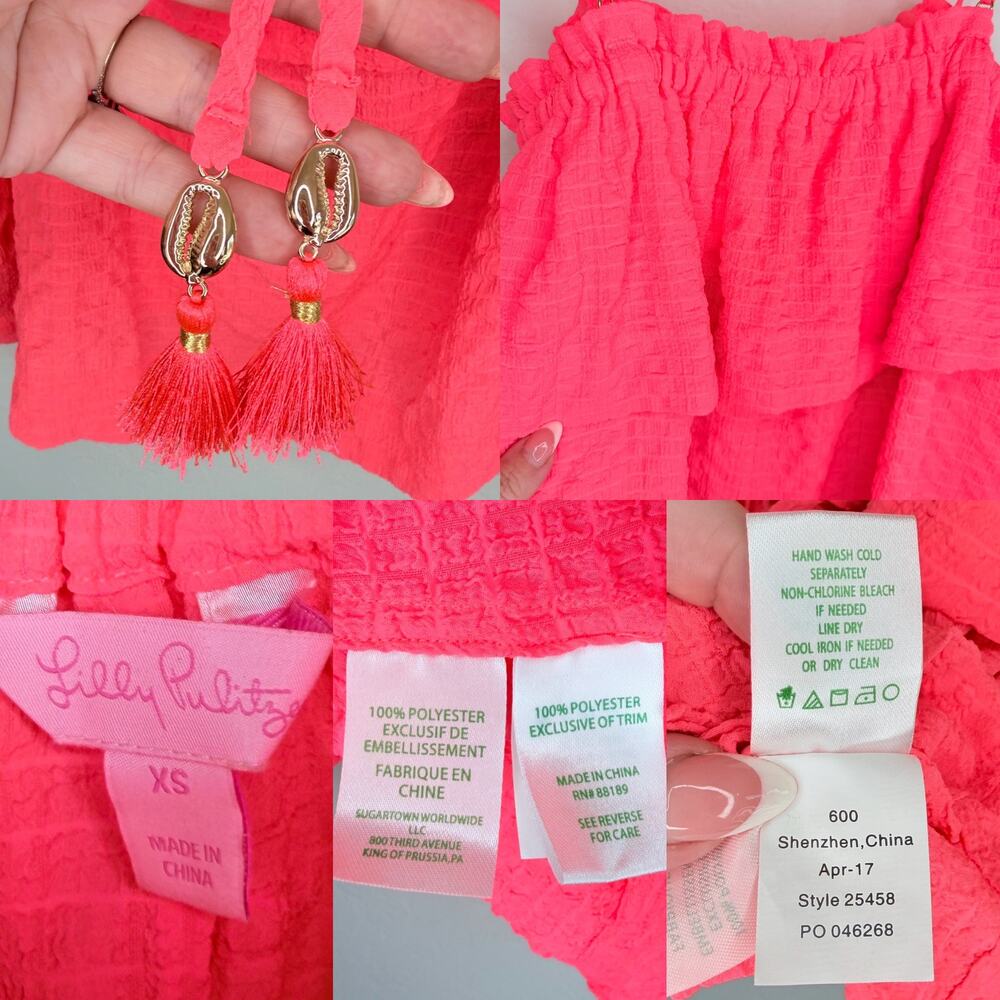 Lilly Pulitzer Mays Neon Coral Ruffle Tank Puka Shell Tassel Vacation Top XS - Picture 12 of 13